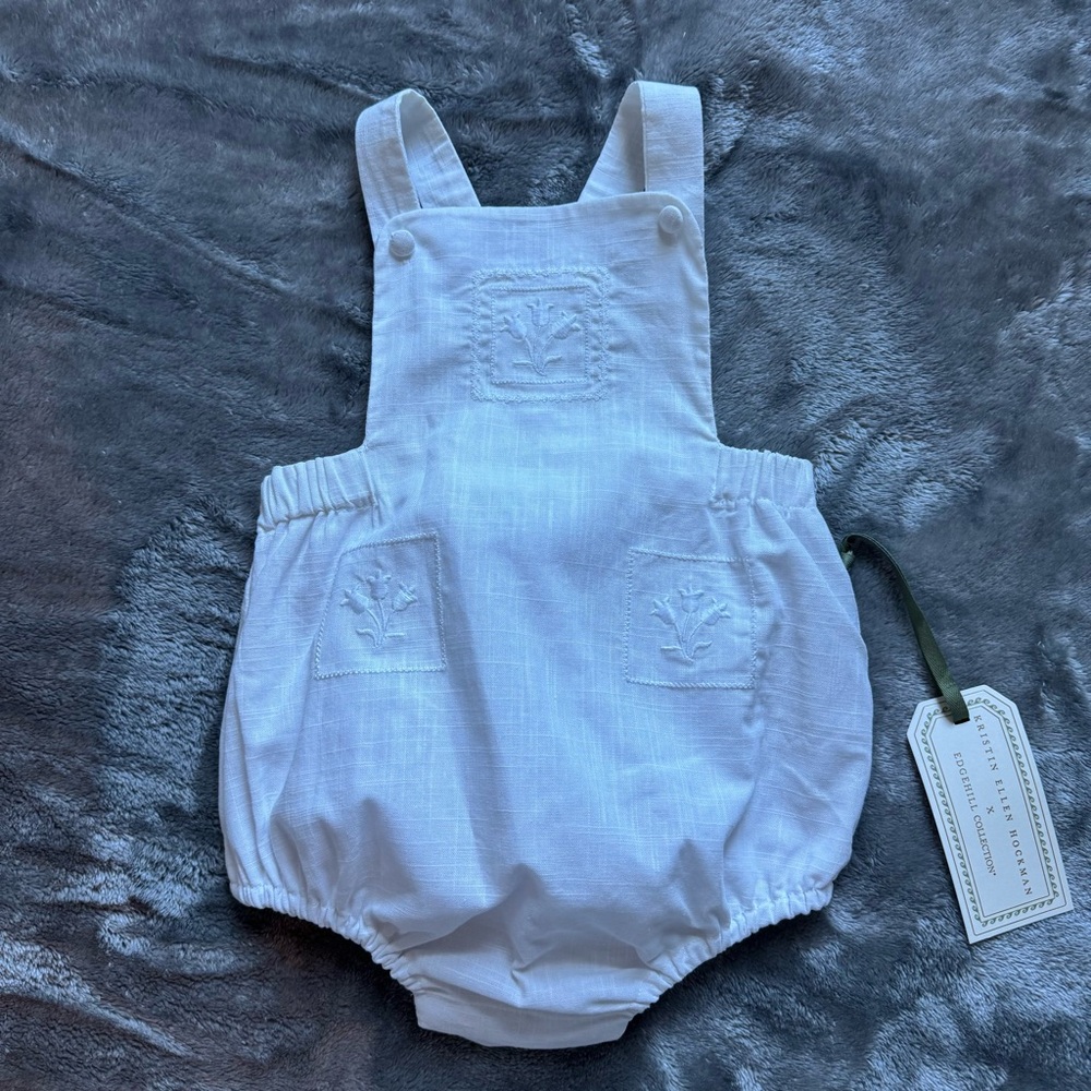 Edgehill Collection White Baby Girls Embroidered Bubble Overalls